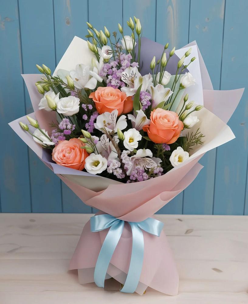 Букет цветов из: Лизиантусы, Розы, Альстромерии и Гипсофила в Навашино